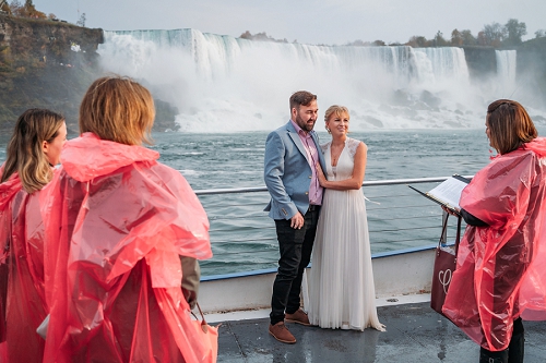  couple and guests on hornblower during start of ceremony