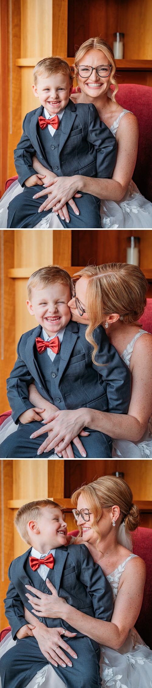 bride laughing with her son 