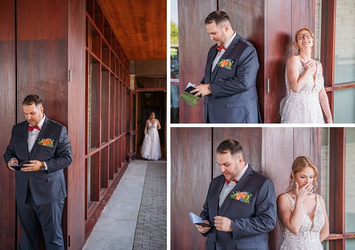 bride and groom reading vows, laughing and crying