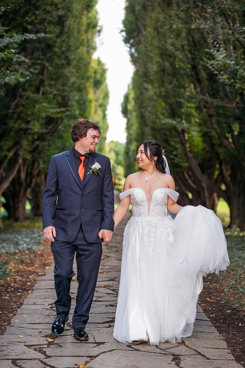 bride and groom laughing