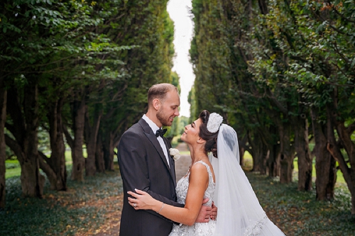 bride and groom in forest 