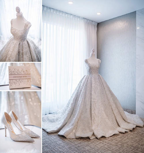 wedding dress and details on display at white oaks 