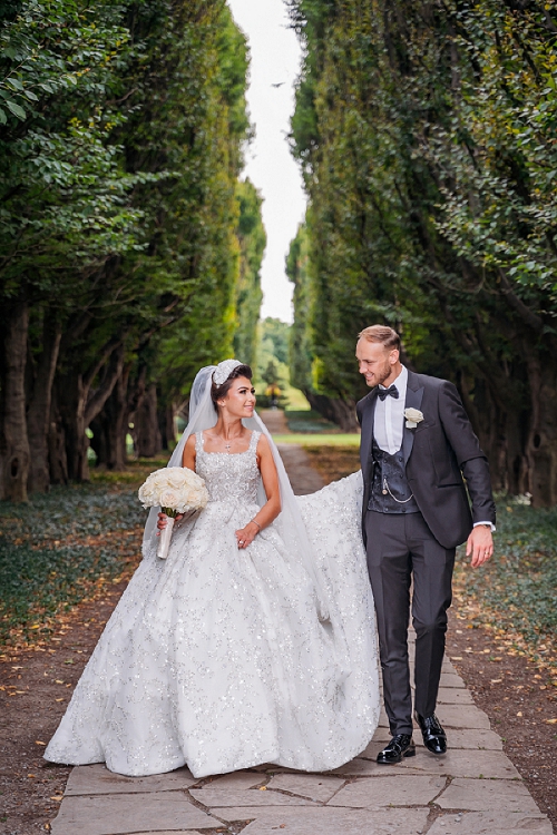 bride and groom walking together 